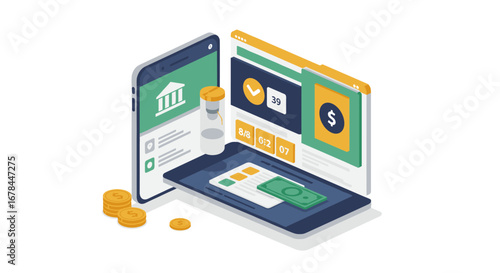 Digital banking concept with mobile and desktop interface in isometric design