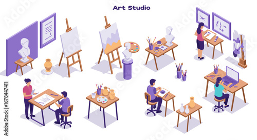 Creative art studio with artists working in isometric style