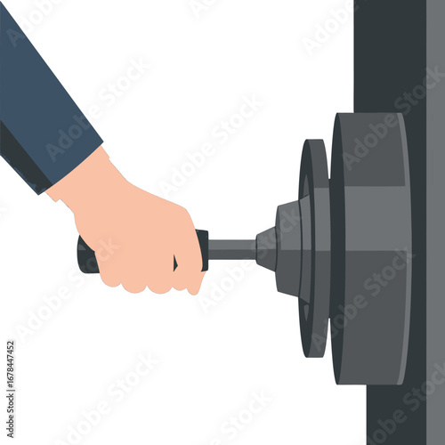 Hand Turning Round Gray Metal Knob on a White Door Panel Vector Illustration