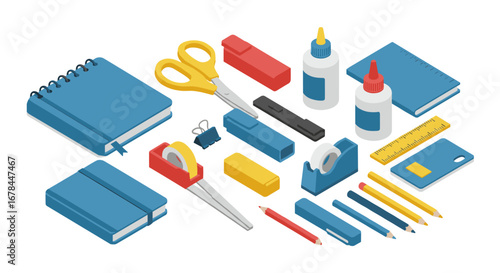 Isometric office supplies set with notebooks, scissors, ruler, and glue