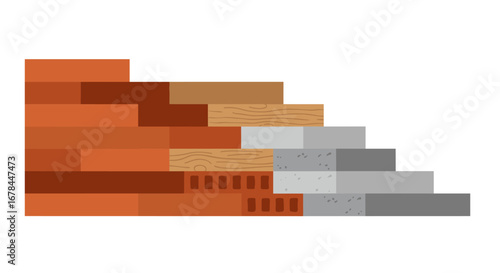 Building materials comparison chart featuring bricks, wood, and concrete blocks in flat design