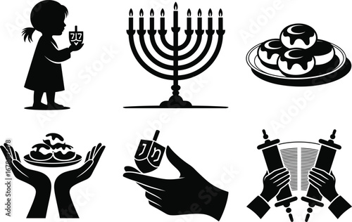 Hanukkah Menorah Candle Silhouette Vector Design, Jewish Hanukkah Festival Silhouette Illustration, Hanukkah Dreidel and Menorah Silhouette Art