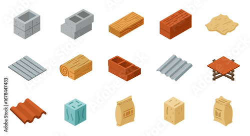 Isometric building materials collection: concrete, wood, bricks, and more for construction projects