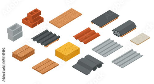 Isometric construction materials set featuring wood, metal, and brick elements