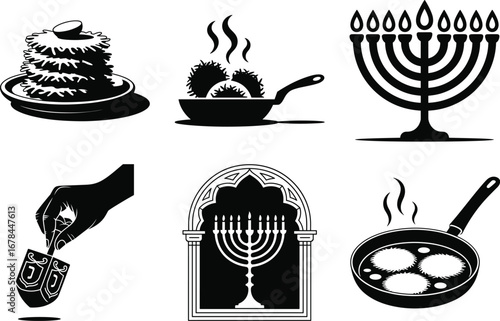 Hanukkah Menorah Candle Silhouette Vector Design, Jewish Hanukkah Festival Silhouette Illustration, Hanukkah Dreidel and Menorah Silhouette Art
