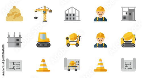 Flat construction icons featuring machinery, workers, and safety elements