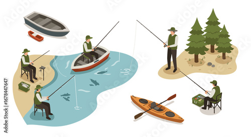 Isometric fishing scene with anglers in boats and on shore