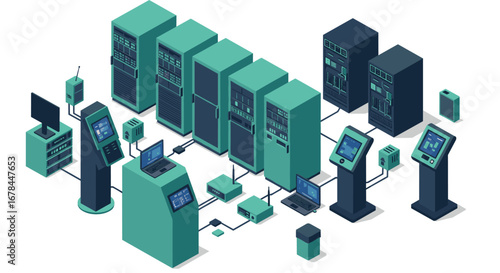 Modern isometric server room with digital devices and network equipment