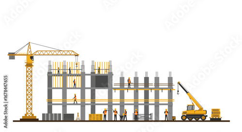Construction site with workers and machinery in silhouette style