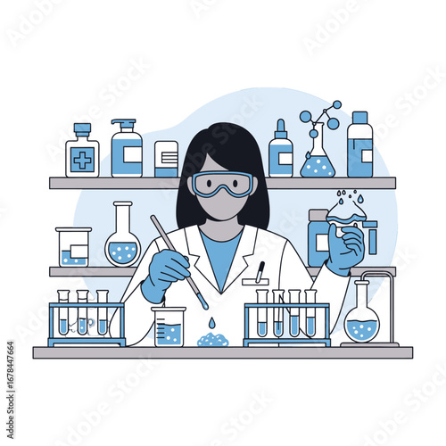 Female Scientist in Lab Coat Conducting Scientific Experiment With Beakers and Flasks on Shelves With Blue Accents