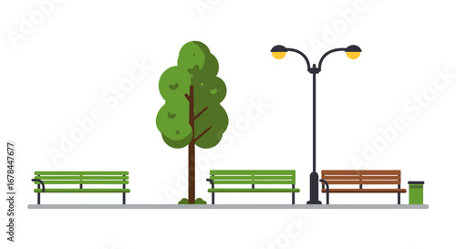 Urban park scene with benches, tree, and street lamp on a walkway