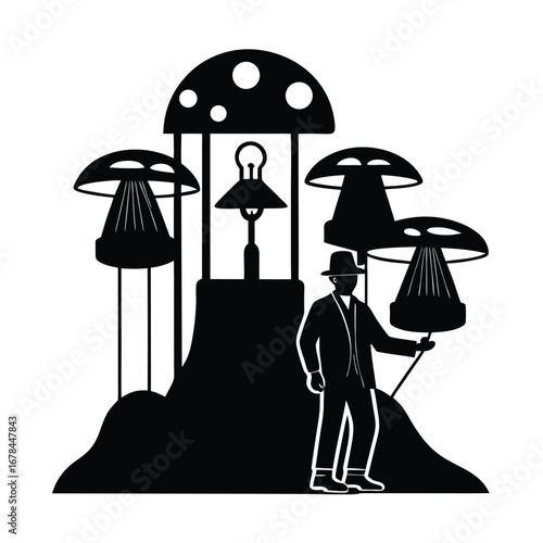 Silhouette vector silhouette of a man holding a mushroom