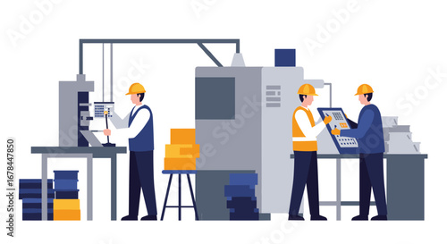 Industrial factory workers operating machinery in flat design style