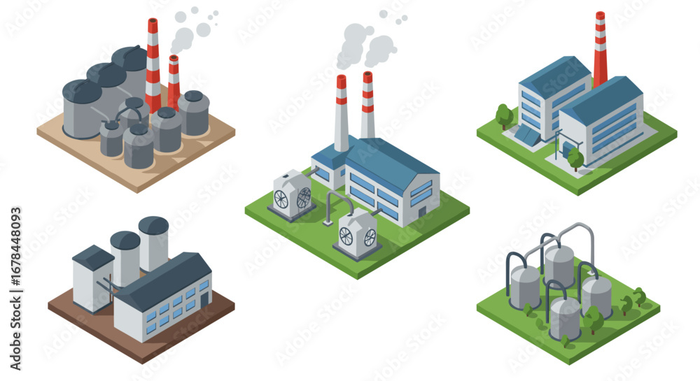 Obraz premium Isometric industrial plant set with factories and chimneys