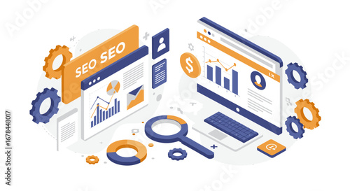 Digital marketing isometric design with seo analytics and data visualization
