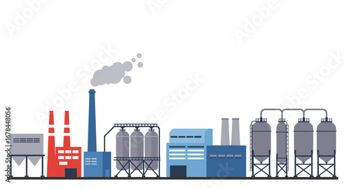 Industrial landscape with factories and silos in flat design