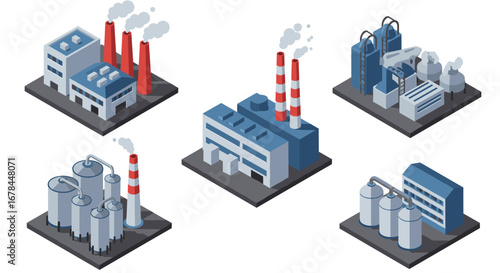 Isometric industrial buildings with smokestacks and tanks