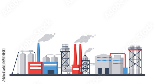 Industrial plant with smokestacks and buildings in flat design style