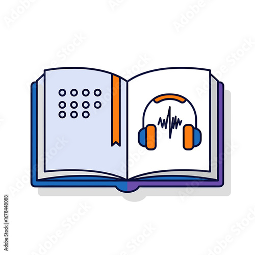 Vector icon representing accessible literature with an open book featuring braille text and an audiobook symbol with headphones