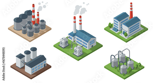 Isometric industrial plant set with factories and chimneys