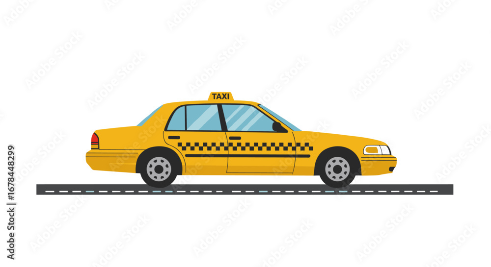 Fototapeta premium Yellow taxi cab on roadside with checkered pattern and taxi sign
