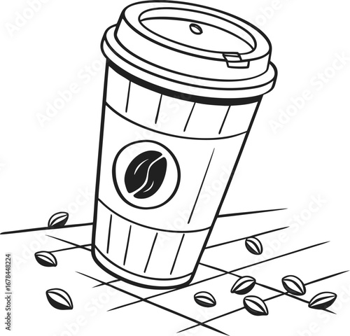 A disposable paper coffee cup with a lid, an isolated vector illustration of a hot beverage container