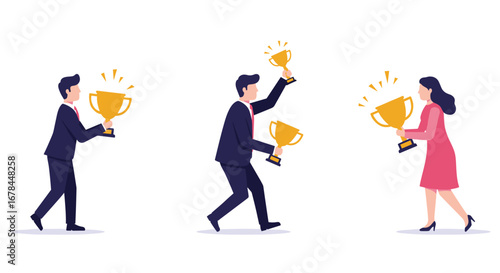 Business professionals celebrating success with trophy awards