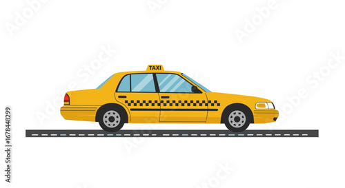 Yellow taxi cab on roadside with checkered pattern and taxi sign