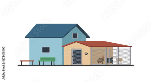 Animal shelter with kennels and outdoor bench in minimalist style