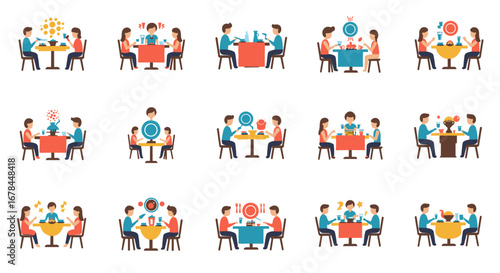 Family dining scenes set with diverse styles and activities for meal time concepts