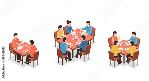 Isometric dining: people enjoying meals at tables