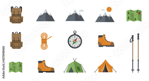Camping essentials: flat style icons of gear and adventure tools for outdoor explorers