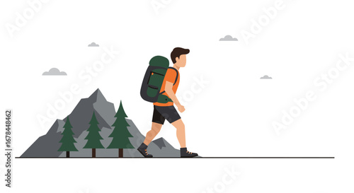 Minimalist hiking adventure with backpack in mountain landscape