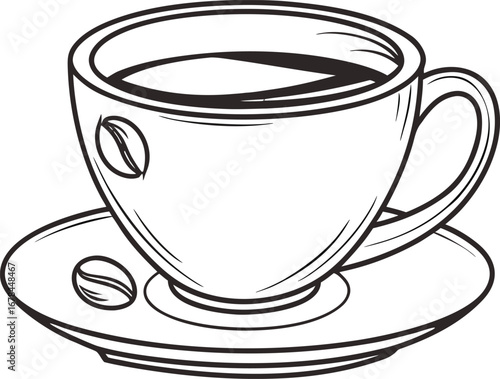 Two ceramic cups of hot morning beverages on saucers, one black coffee and one white tea