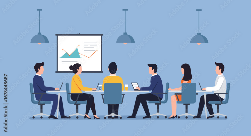 Obraz premium Modern office team meeting with presentation and technology in flat design