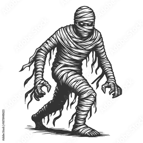 creepy mummy monster covered in tattered bandages, walking forward in a frightening Halloween theme sketch engraving generative ai vector illustration. Scratch board imitation. Black and white image.