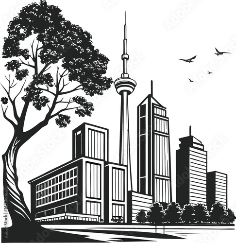 Urban vector illustration of a city skyline with buildings and skyscrapers, representing a bustling cityscape