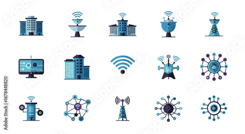 Modern smart city technology icons with wi-fi and network connectivity elements