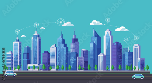 Modern urban cityscape with skyscrapers and connected technology elements