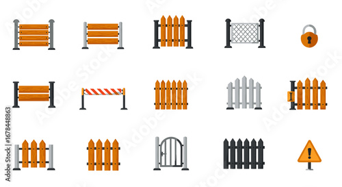 Diverse fence icon set featuring wooden, metal, and chain-link designs