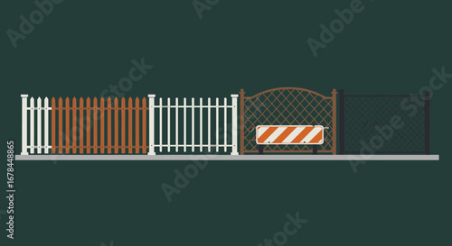 Variety of fences and road barrier on pavement in flat design