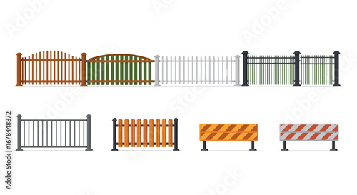 Diverse collection of fences and barriers in a flat design style