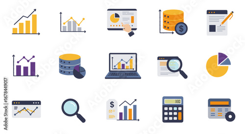 Flat financial icons: analytics, data, and technology for business insights