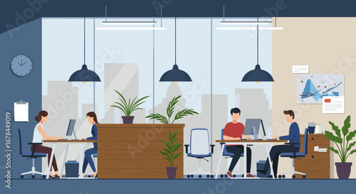 Modern office workspace with colleagues collaborating in open plan design