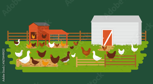 Chickens and ducks in a farmyard scene with coop against green background