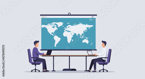Global business meeting with interactive world map presentation