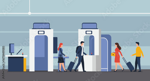 Airport security checkpoint with travelers and luggage in flat design