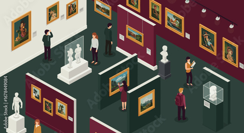 Art museum interior with visitors observing classic paintings and sculptures in isometric style