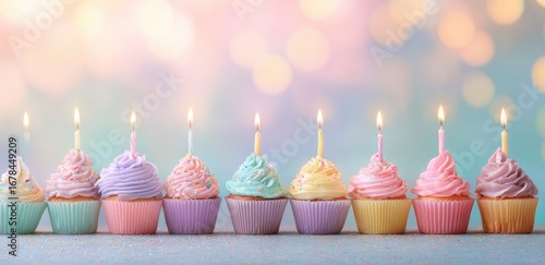 Colorful cupcakes with lit candles, pastel colors