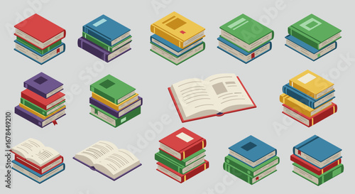Diverse collection of isometric book stacks and open books on gray background